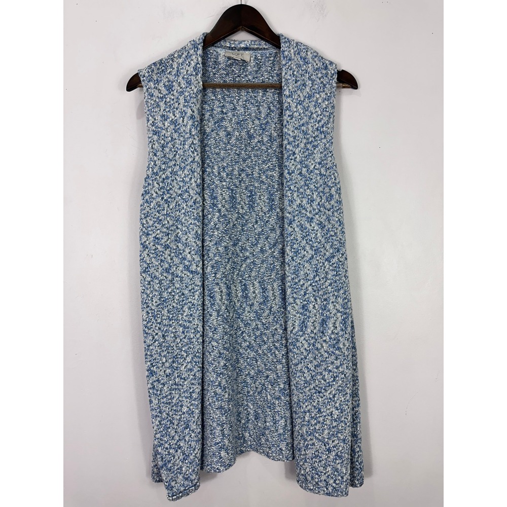 Loft Cardigan Vest Womens XL Blue White Space Dye Knit Open Front Longline Layer